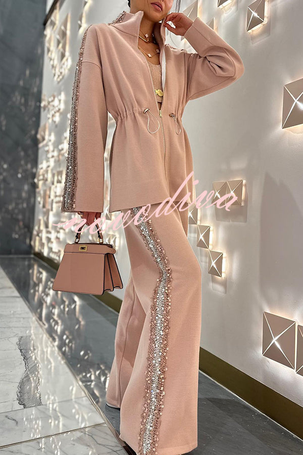 Edan Textured Knit Sequin Patchwork Drawstring Zipper Sweatshirt and Stretch Wide Leg Pants Set