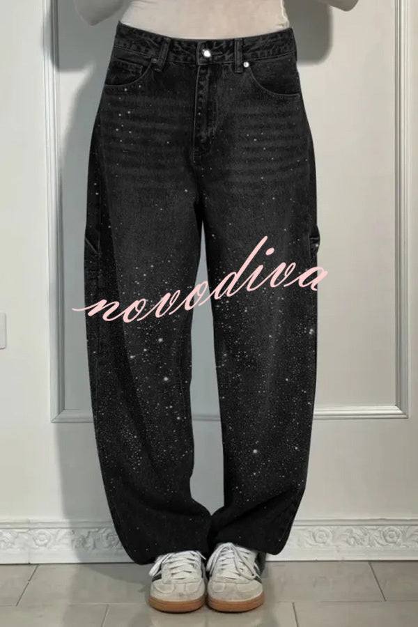 Fashionable Rhinestone Mid-rise Loose Pocket Straight Jeans