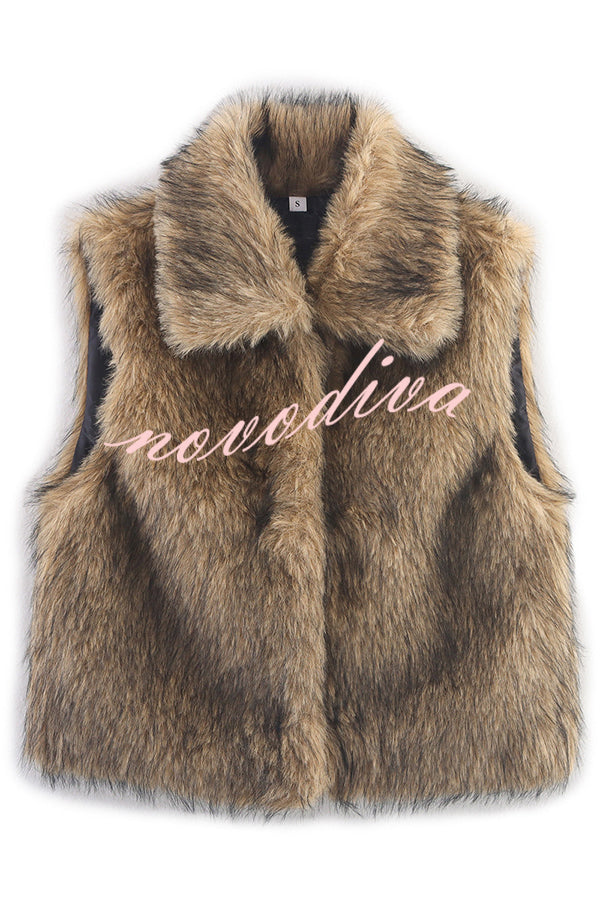 Stylish Collared Sleeveless Short Faux Fur Vest