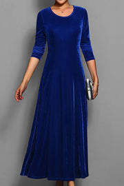 Solid Color Velvet Round Neck Long Sleeve Slim Midi Dress