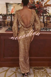 Shine Your Style Sequin Balloon Sleeve Back Drape Cowl Neck Maxi Dress