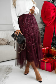 Party Daydream Sequin Tulle High Rise Elastic Waist Maxi Skirt