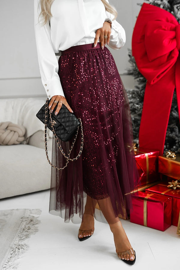 Party Daydream Sequin Tulle High Rise Elastic Waist Maxi Skirt