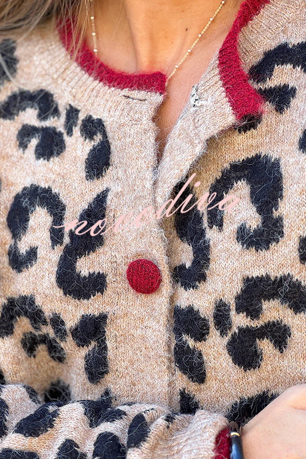 Leopard Print Crew Neck Long-sleeved Loose Knit Cardigan