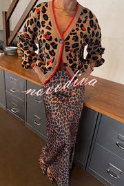 Perfect for Winter Leopard Cherry Print Knitted Button Long Sleeve Loose Cardigan