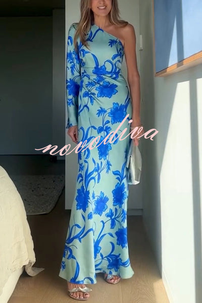 Satin Botanical Print One-Sleeve Resort Maxi Dress