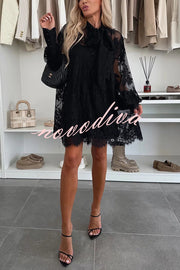 Night Rose Lace Bow Neck Long Balloon Sleeve A-line Mini Dress