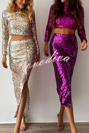 Solid Sequined Long-sleeved Crop Top and Sexy Slit Midi Skirt Set