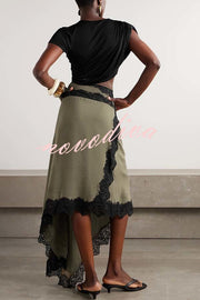 Verve Ribbed Jersey Cutout Waist Asymmetric Satin Lace Hem Maxi Dress