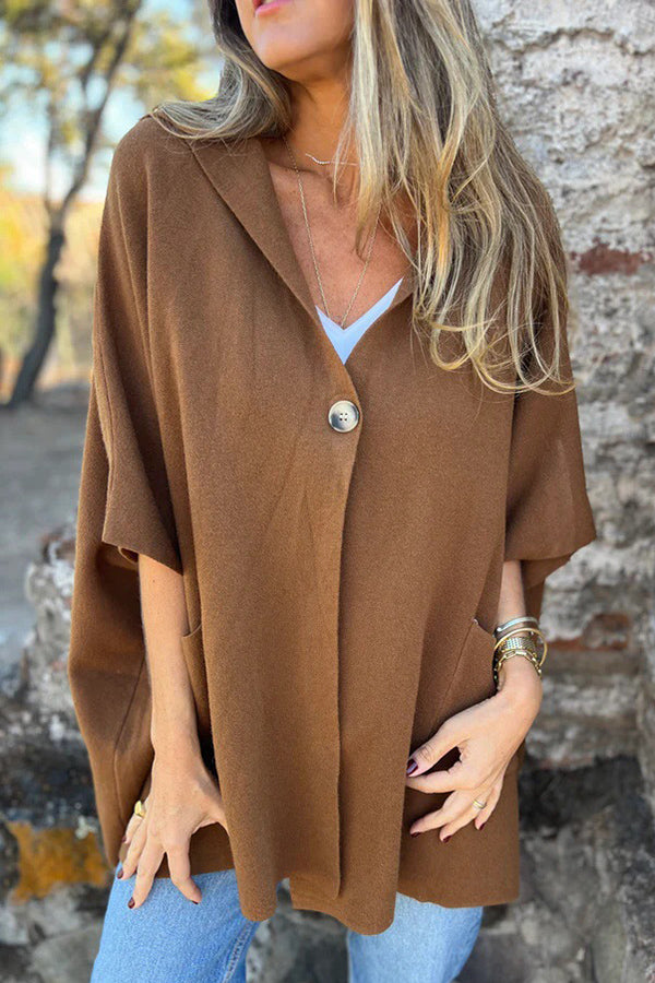Solid Color Casual Hooded Single Button Pocket Loose Cape Jacket