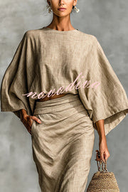 Linen Blend Batwing Sleeve Loose Top and Casual Pocket Maxi Skirt Set