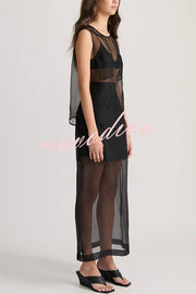 Embraces Modern Sheer Organza Pocket Oversized Tank and High Rise Slit Midi Skirt Set