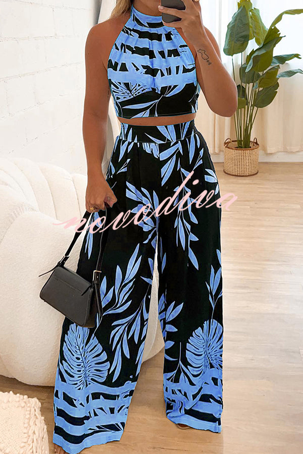 Botanical Print Halterneck Crop Top and Casual High-waist Wide-leg Pants Set