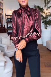 Ariella Metallic Satin Fabric Tie-up Bow Neck Long Sleeve Blouse