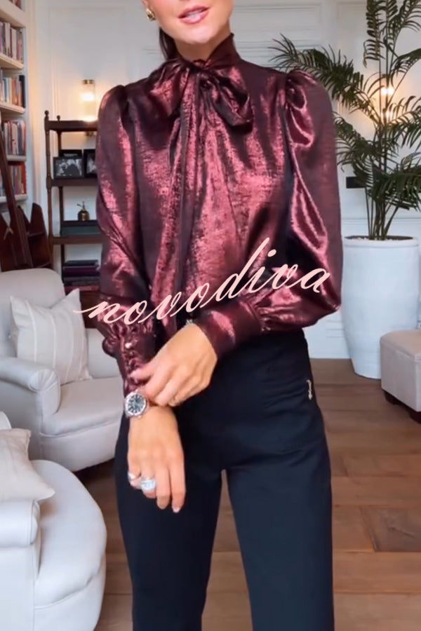 Ariella Metallic Satin Fabric Tie-up Bow Neck Long Sleeve Blouse