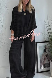 Fashion Striped Print Lapel Loose Top and Elastic Waist Casual Wide-leg Pants Set