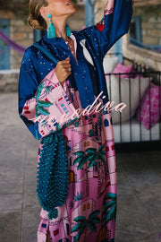 Seaside Stroll Satin Unique Print Button Up Long Sleeve Slit Kaftan Midi Dress