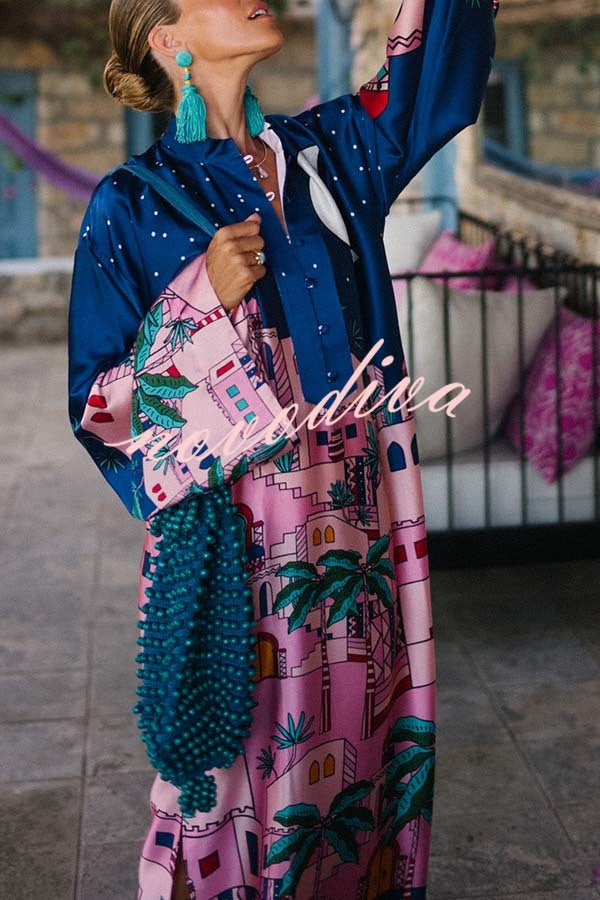 Seaside Stroll Satin Unique Print Button Up Long Sleeve Slit Kaftan Midi Dress