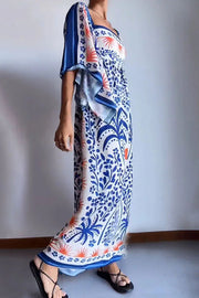 Resort Style Ethnic Print Square Neck Bell Sleeve Loose Maxi Dress