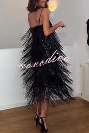 Chic Celebration Layered Sequined Tassels Slip Strapless H-line Midi Dress