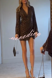 New Years Eve Sequin Deep V-neck Front Cross Long Bell Sleeve Mini Dress