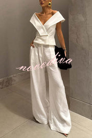Velena Linen Blend Button Up Lapel Top and High Rise Pocket Wide Leg Pants Set