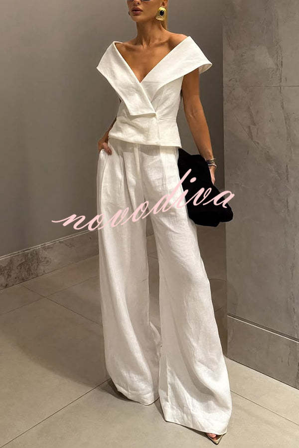 Velena Linen Blend Button Up Lapel Top and High Rise Pocket Wide Leg Pants Set