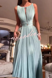 Sexy Sleeveless Open Back Cord Pleated Maxi Dress