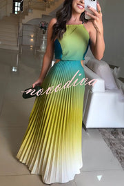 Fashionable Backless Tie Elegant Gradient Pleated Maxi Dress