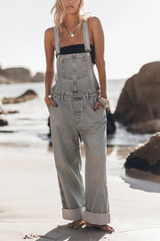 Moneh Denim Adjustable Straps Kangaroo Pocket Wide Leg Jumpsuit