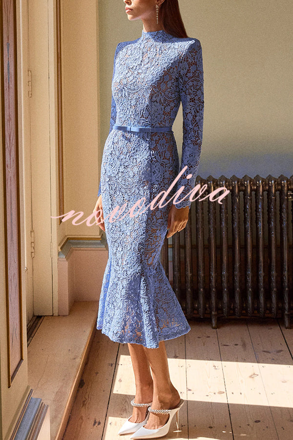 Feminine and Elegant Flower Lace Long Sleeve Bow Belted Flare Midi Dress