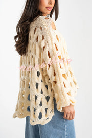 Solid Color Casual Hollow Long-sleeved Holiday Knitted Sweater