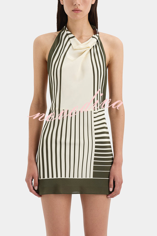 Summer Event⁠ Striped Beads Cowl Neck Backless Tie-up Mini Dress