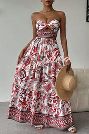 Floral Print Cutout Bandeau Top and Elastic Waist Full Maxi Skirt Set