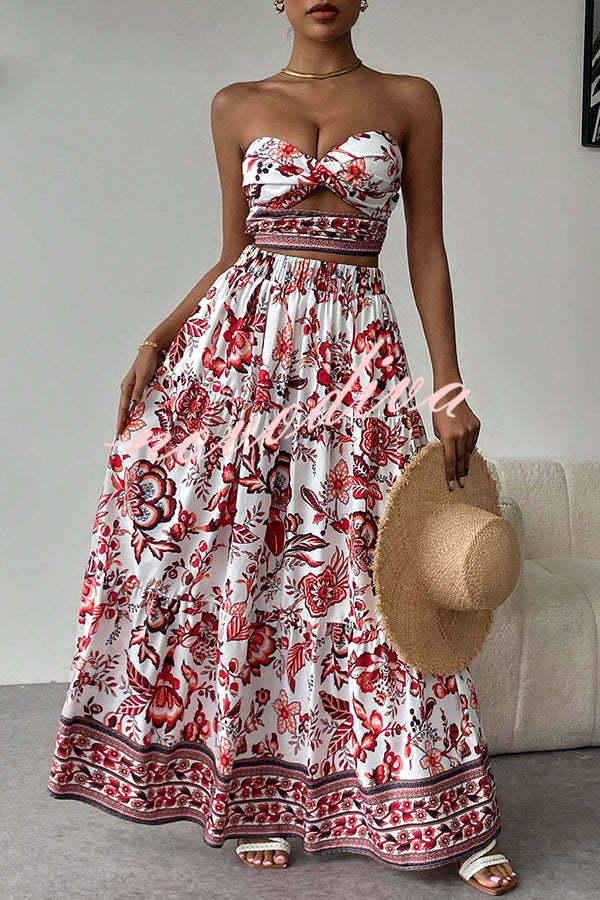 Floral Print Cutout Bandeau Top and Elastic Waist Full Maxi Skirt Set