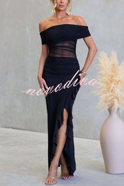 Sexy Mesh Off-shoulder Slim Fit Ruffled Slit Maxi Dress