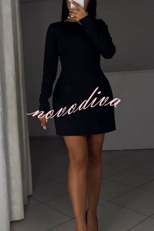 Anna Sparkling Gemstone Trim Heart Pocket Long Sleeve Mini Dress