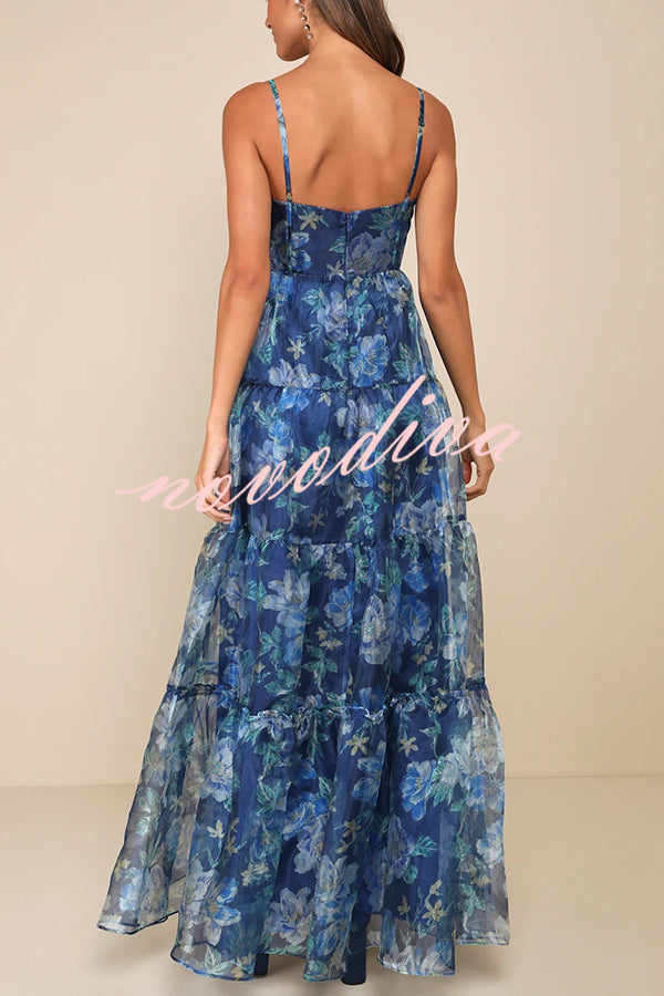 Exclusive Glamour Organza Floral Print Tiered Slip Maxi Dress