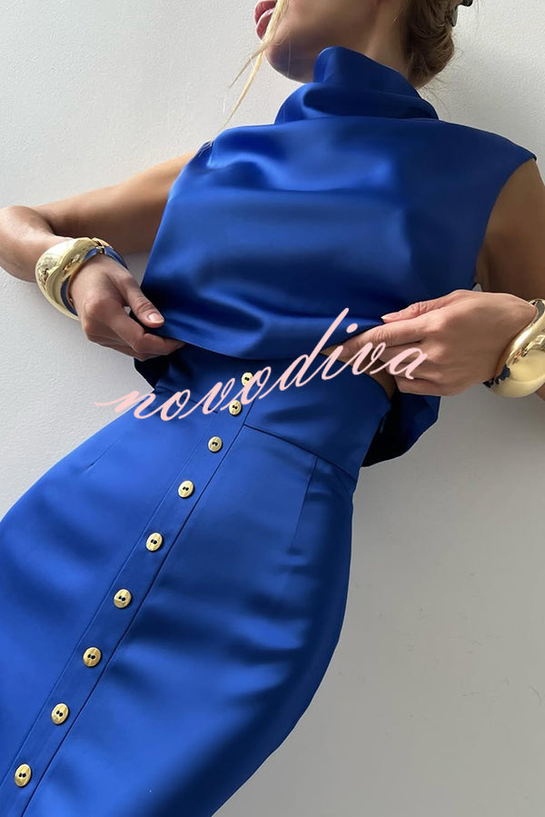 Solid Color Casual Sleeveless Crop Top and Elegant Button-down Maxi Skirt Set
