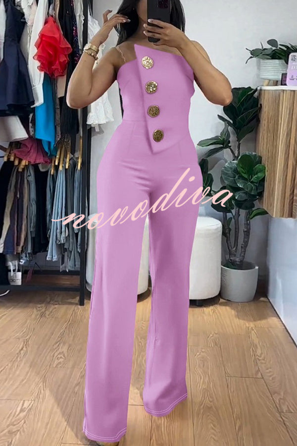 Solid Color Sexy Tube Top Gold Button Embellished Bootcut Jumpsuit