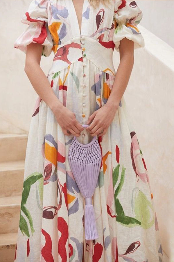 Lover's Gaze Watercolor Floral Printed Puff Sleeve Button Maxi Dress