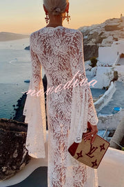 Dream Love Floral Lace Bell Sleeve V-neck Slit Maxi Dress