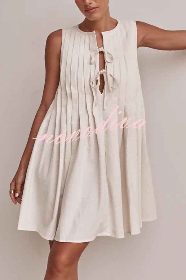 Solid Sleeveless Lace-up Loose Pleated Mini Dress