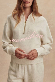 Ivory Marl Fleck Half-Zip Neck Long Sleeve Sweatshirt and Elastic Waist Pocket Jogger Set