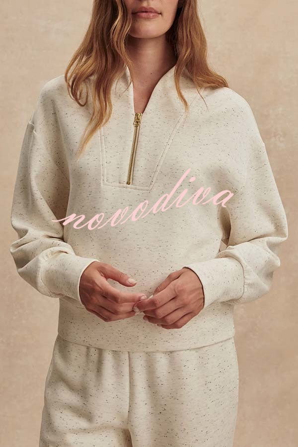 Ivory Marl Fleck Half-Zip Neck Long Sleeve Sweatshirt and Elastic Waist Pocket Jogger Set