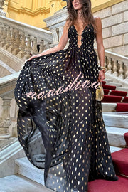 Charming View Chiffon Gold Polka Dot Print Cutout Lightweight Maxi Dress