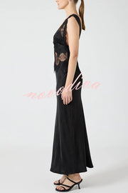 Wonderful Fusion Satin Lace Trim See-through Waist V-neck Drape Maxi Dress