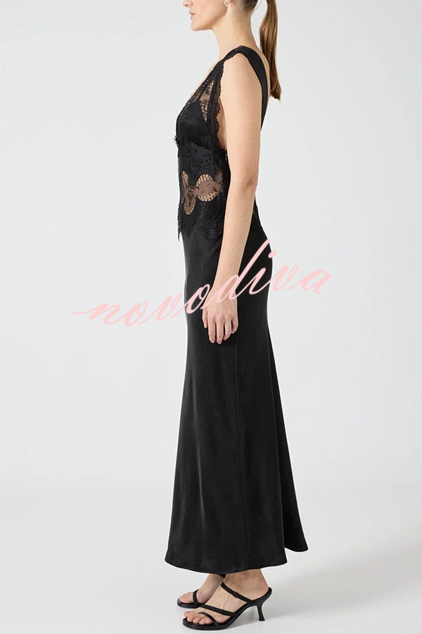 Wonderful Fusion Satin Lace Trim See-through Waist V-neck Drape Maxi Dress