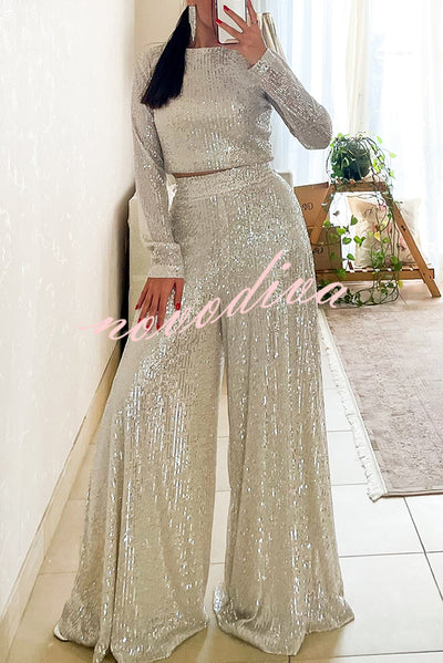 Fashionable Shiny Sequined Long-Sleeved Cropped Top and Casual Wide-Leg Pants Set