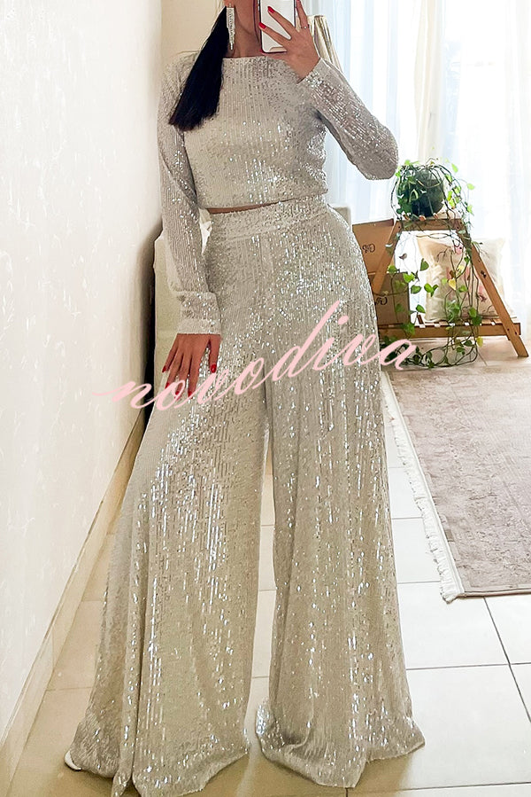 Fashionable Shiny Sequined Long-Sleeved Cropped Top and Casual Wide-Leg Pants Set